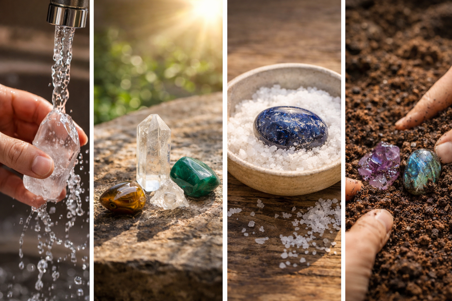 Crystals placed near water, sunlight, salt, and soil to illustrate riskier cleansing methods