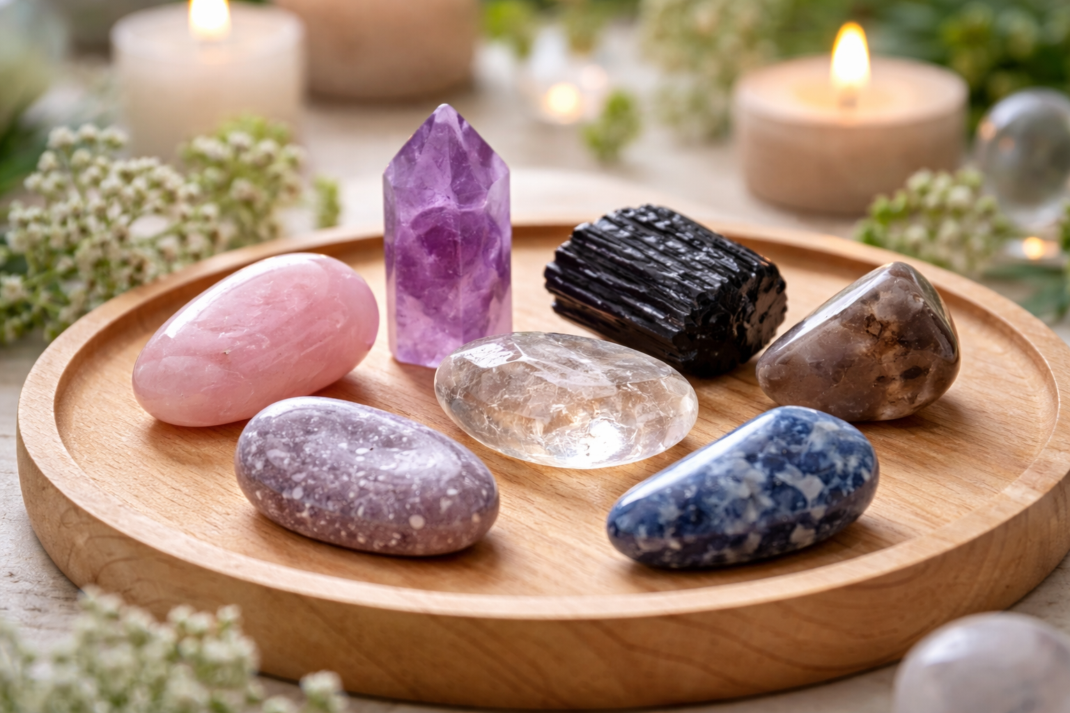 Seven anxiety crystals including amethyst, rose quartz, black tourmaline, smoky quartz, lepidolite, clear quartz, and sodalite