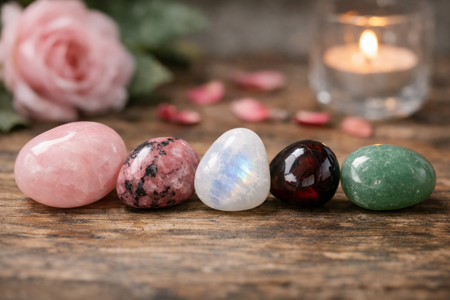 Rose Quartz, Rhodonite, Moonstone, Garnet, and Green Aventurine arranged side by side