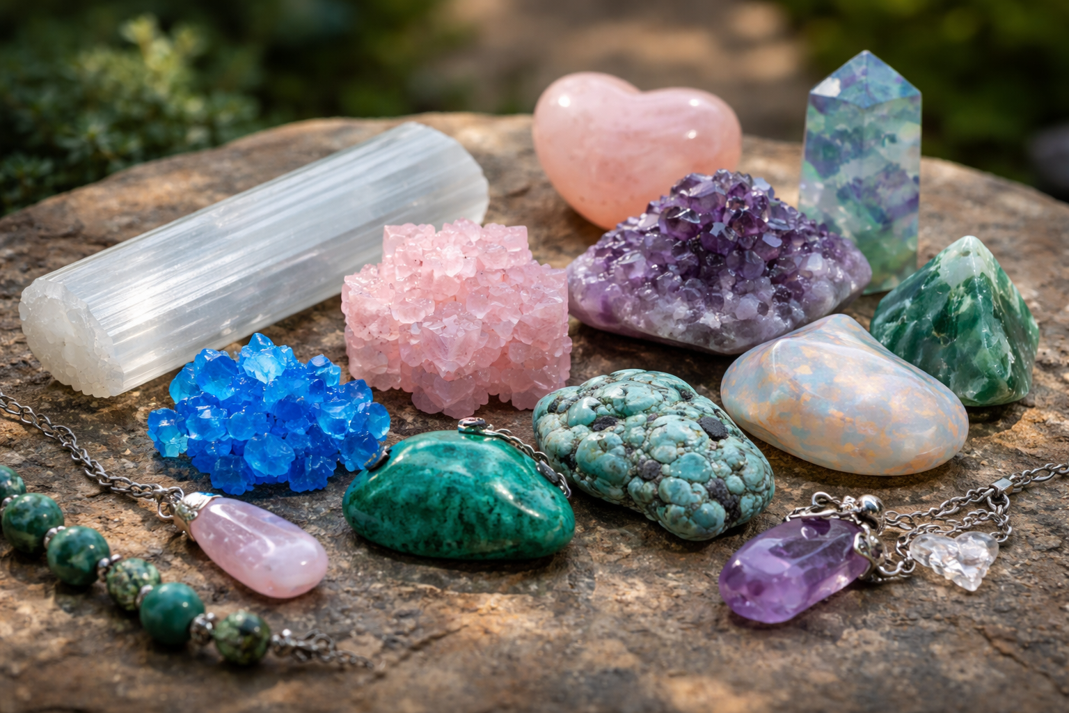 Labeled flat lay of crystals that are high-risk or caution picks for moonlight charging