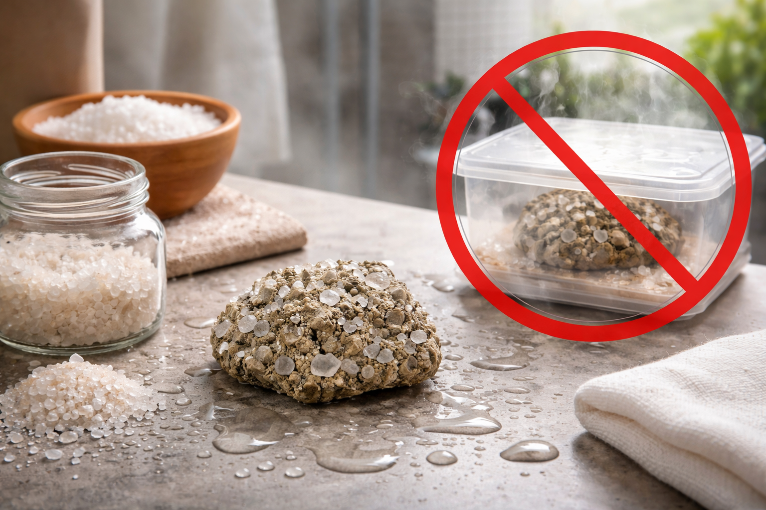 How to Cleanse Pyrite Crystals: 5 Safe Methods That Won’t Damage Them 4 Pyrite crystal near crossed-out water and salt with a safe dry storage setup beside it