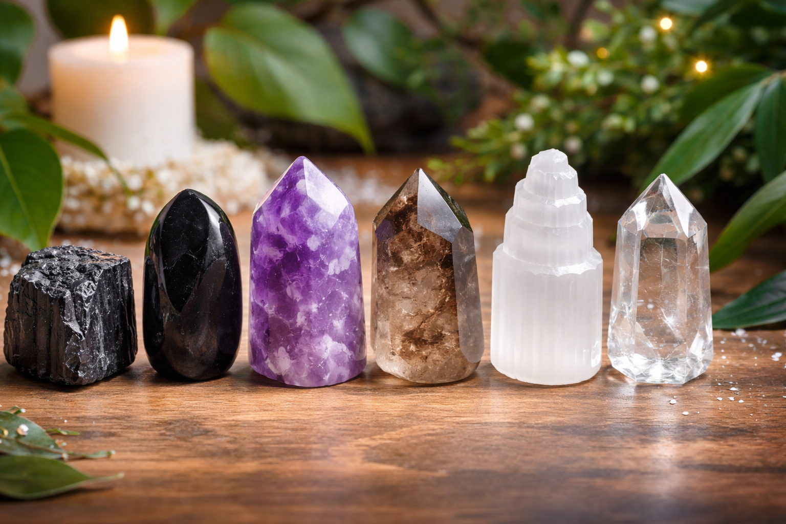 Black tourmaline, obsidian, amethyst, smoky quartz, selenite, and clear quartz arranged side by side