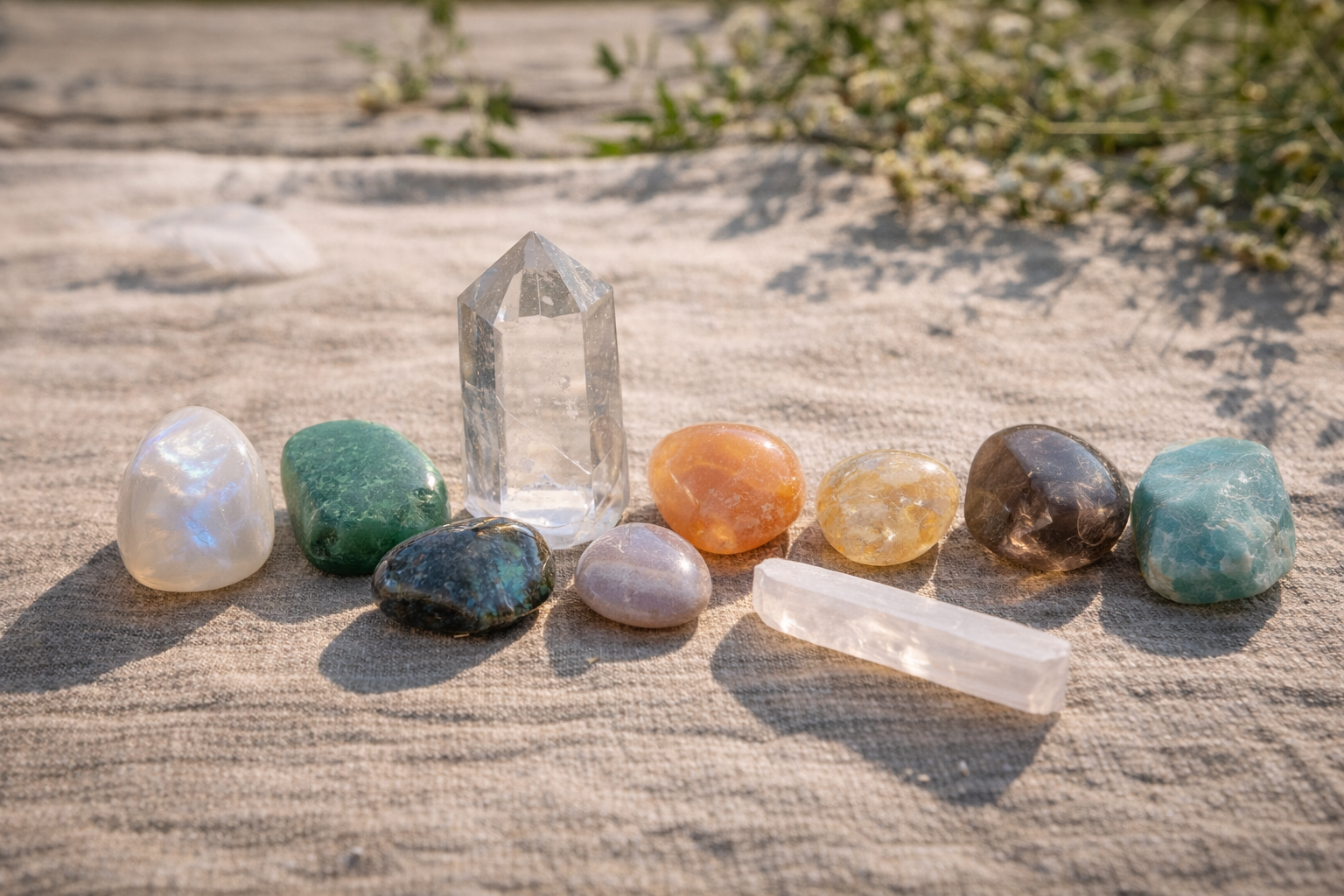 Lineup of moonstone, green aventurine, labradorite, citrine, clear quartz, carnelian, smoky quartz, and amazonite on a neutral surface