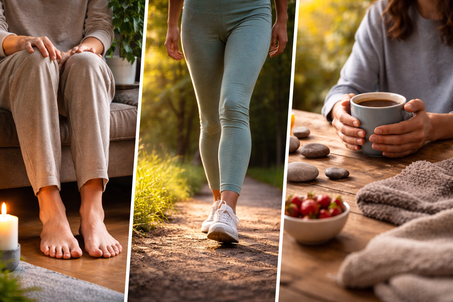 Person practicing simple grounding with both feet on the floor and calm body posture