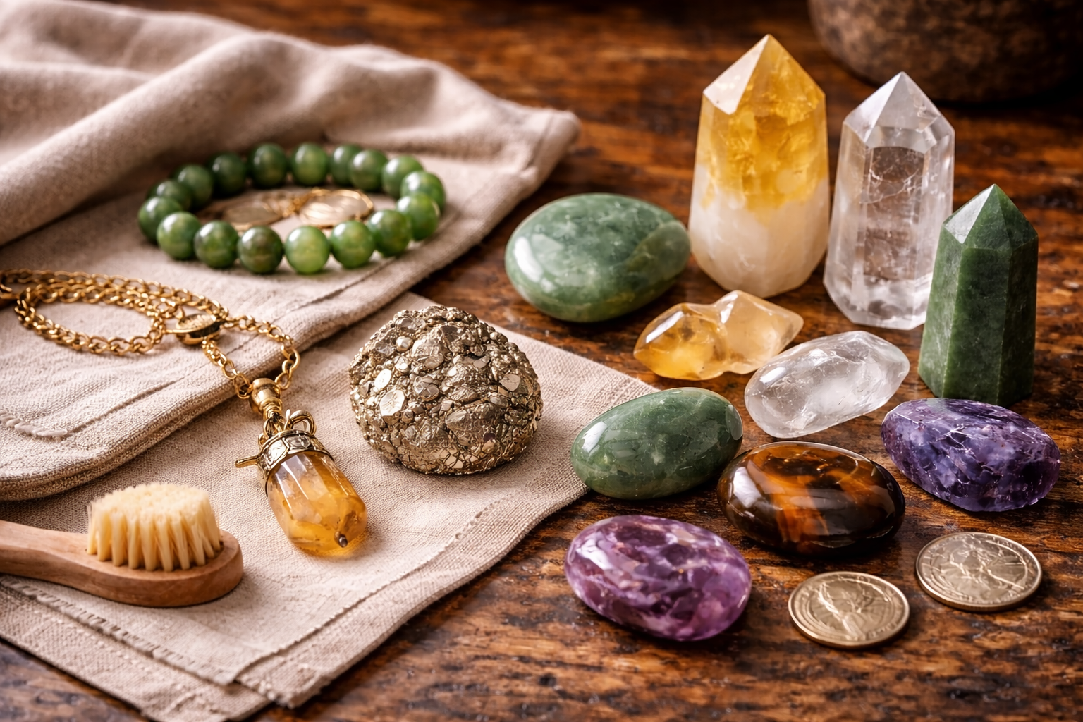 Tumbled stones, crystal bracelet, pendant, palm stone, and tower displayed with a soft care cloth