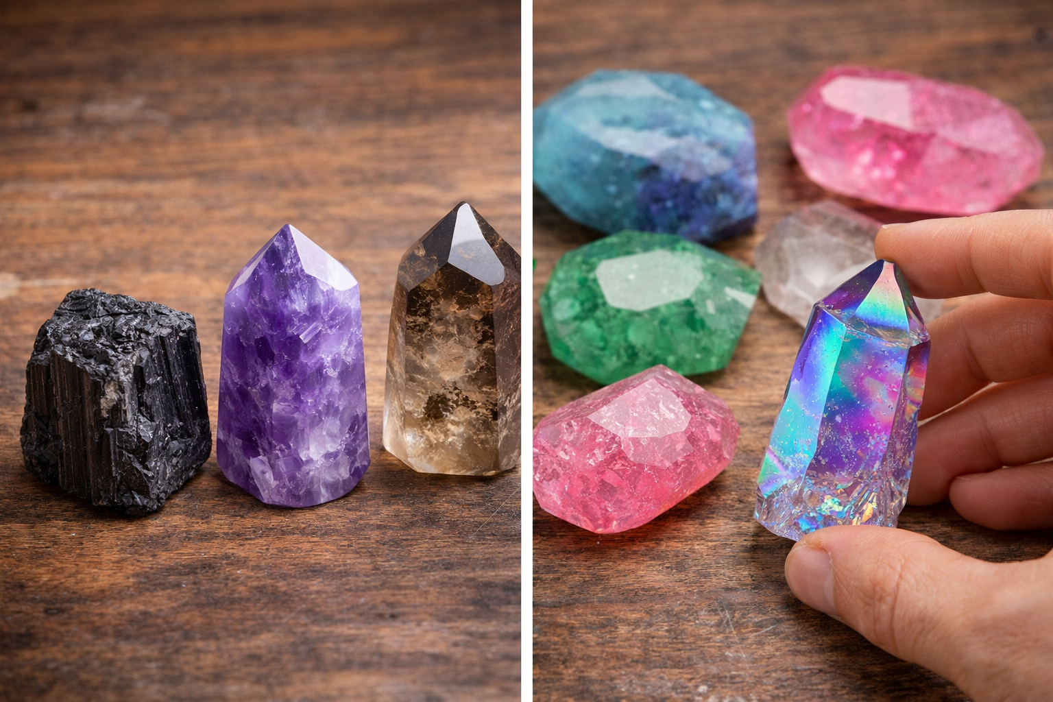 Natural crystals next to overly dyed and coated stones showing common buying red flags