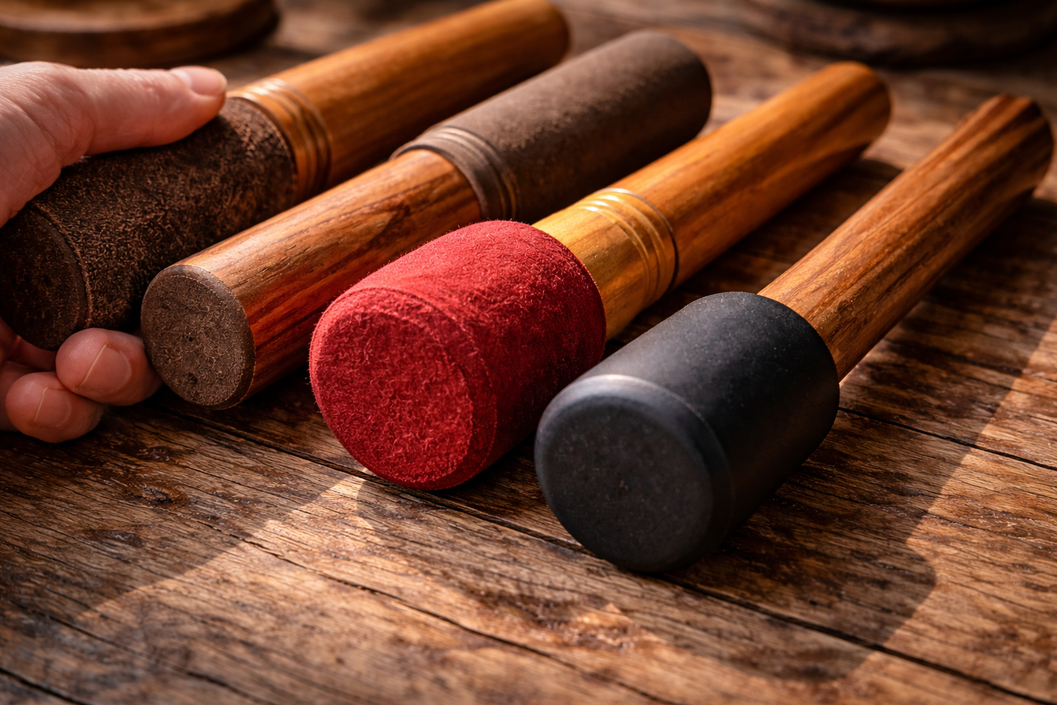 Close-up of singing bowl mallet handle grip, head finish, and suede wrap details