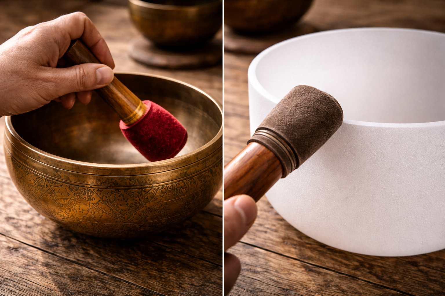 Two singing bowl mallets showing one for striking and one for rim-singing