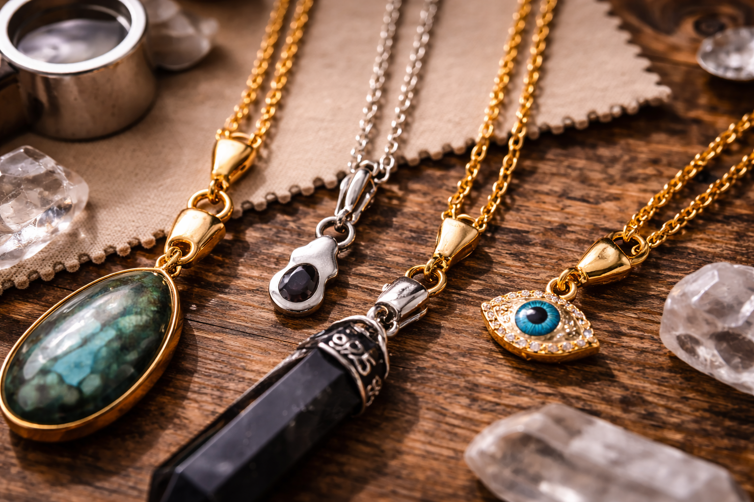 Close-up of protection necklace materials showing sterling silver, gold vermeil, chain links, and clasp details