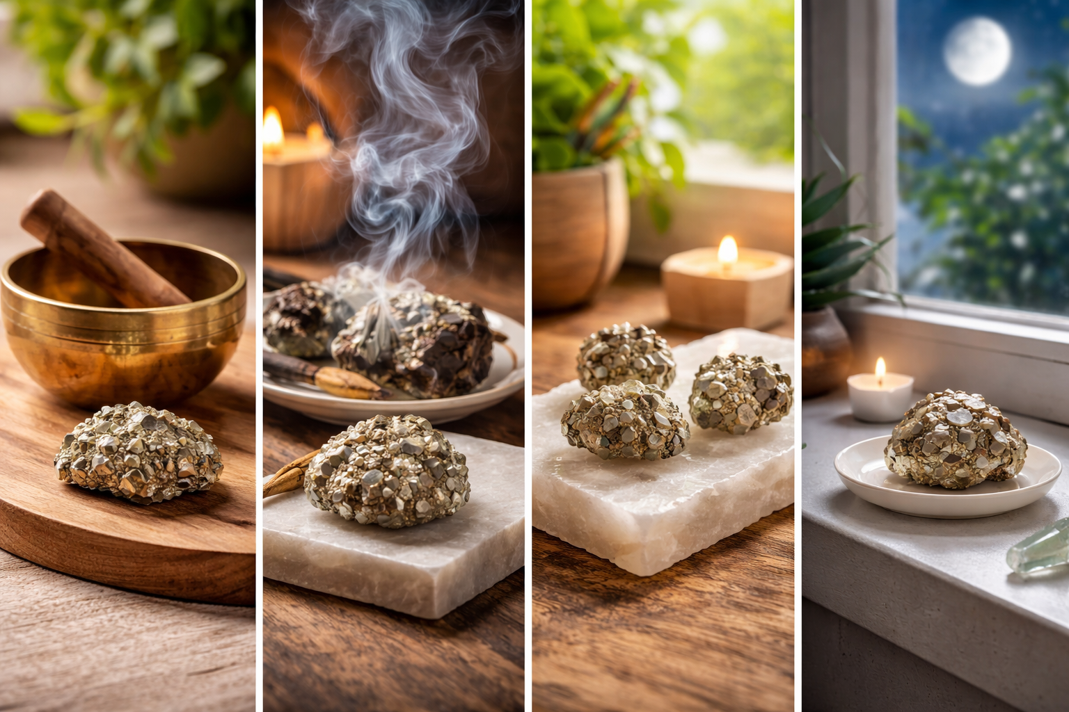 How to Cleanse Pyrite Crystals: 5 Safe Methods That Won’t Damage Them 1 Side-by-side pyrite cleansing setups with sound bowl, smoke, selenite slab, and moonlight on a dry windowsill