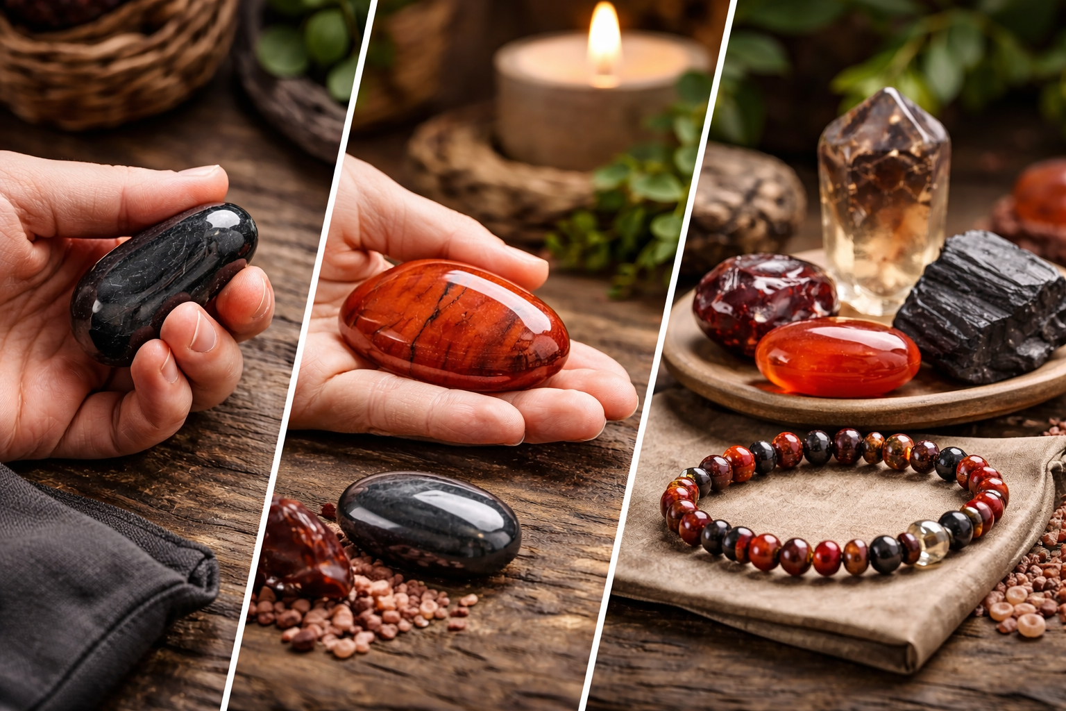 7 Crystals for the Root Chakra That Actually Match Your Need 2 Different root chakra crystal forms including a pocket stone, palm stone, bracelet, and larger display crystal