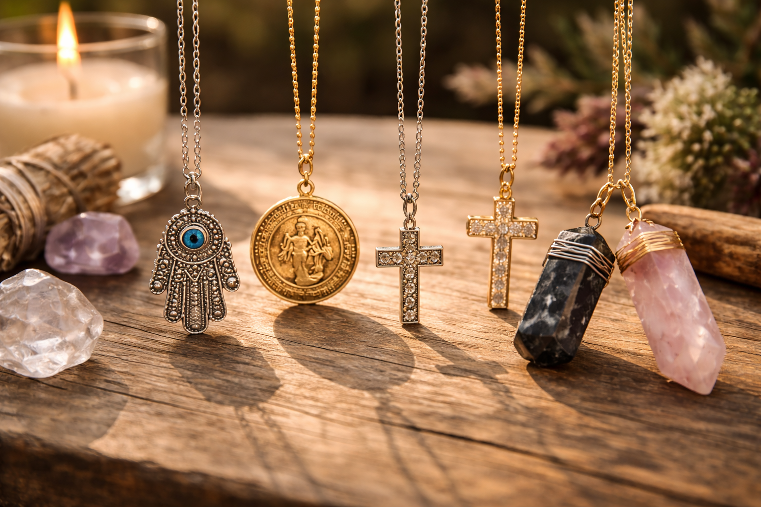 Comparison of evil eye, hamsa, saint medal, cross, and crystal protection necklaces