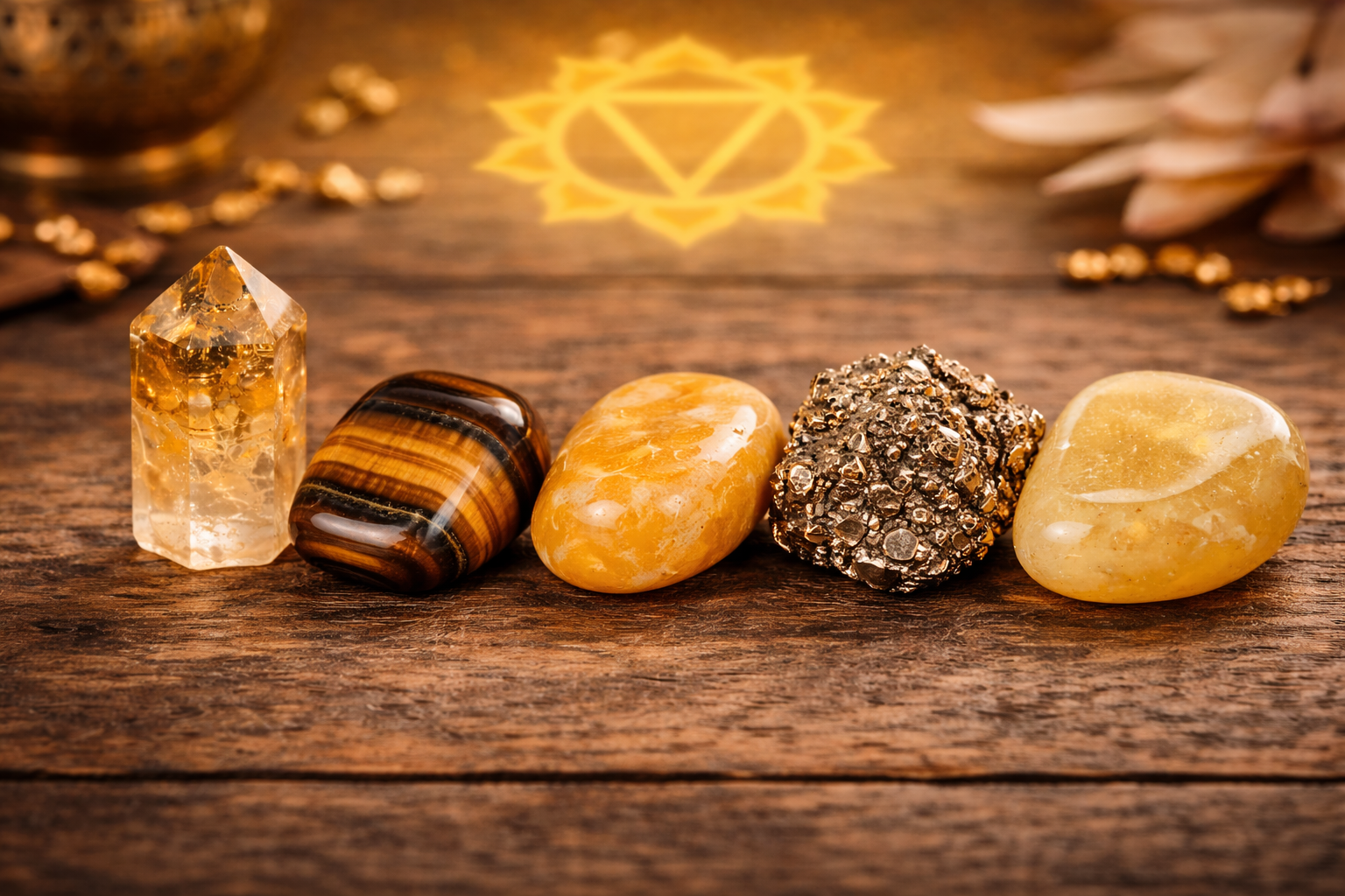 6 Solar Plexus Chakra Stones, Plus How to Choose the Right One 2 Side-by-side comparison of citrine, tiger's eye, yellow jasper, pyrite, and yellow calcite