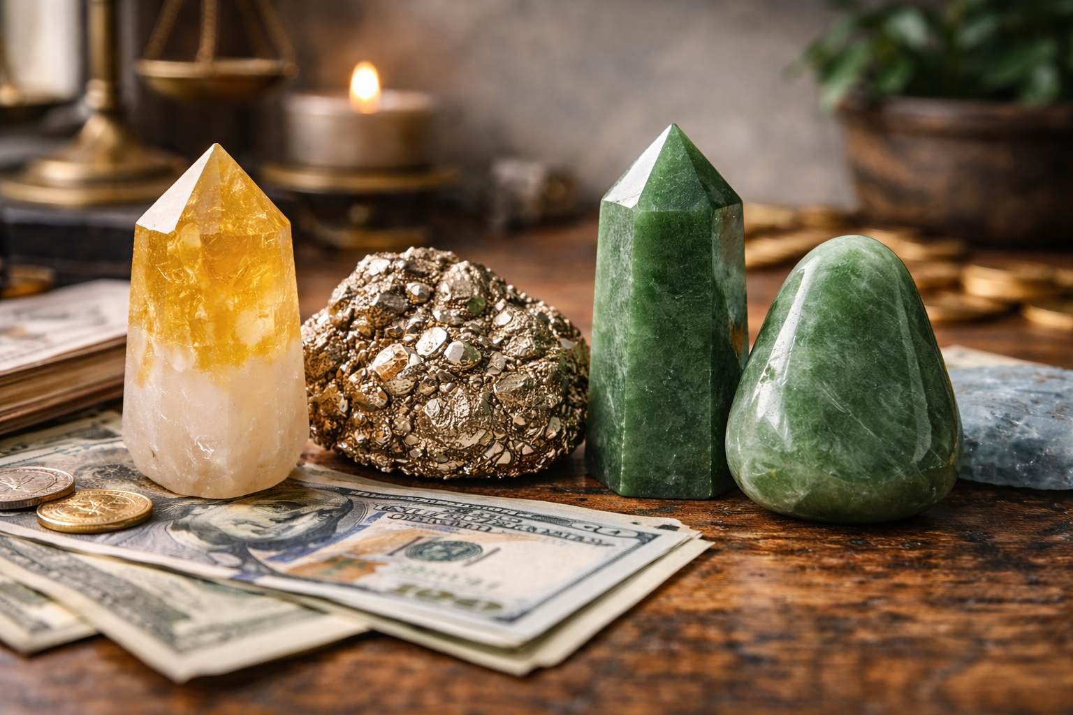 Four abundance crystals side by side: citrine, pyrite, green aventurine, and jade