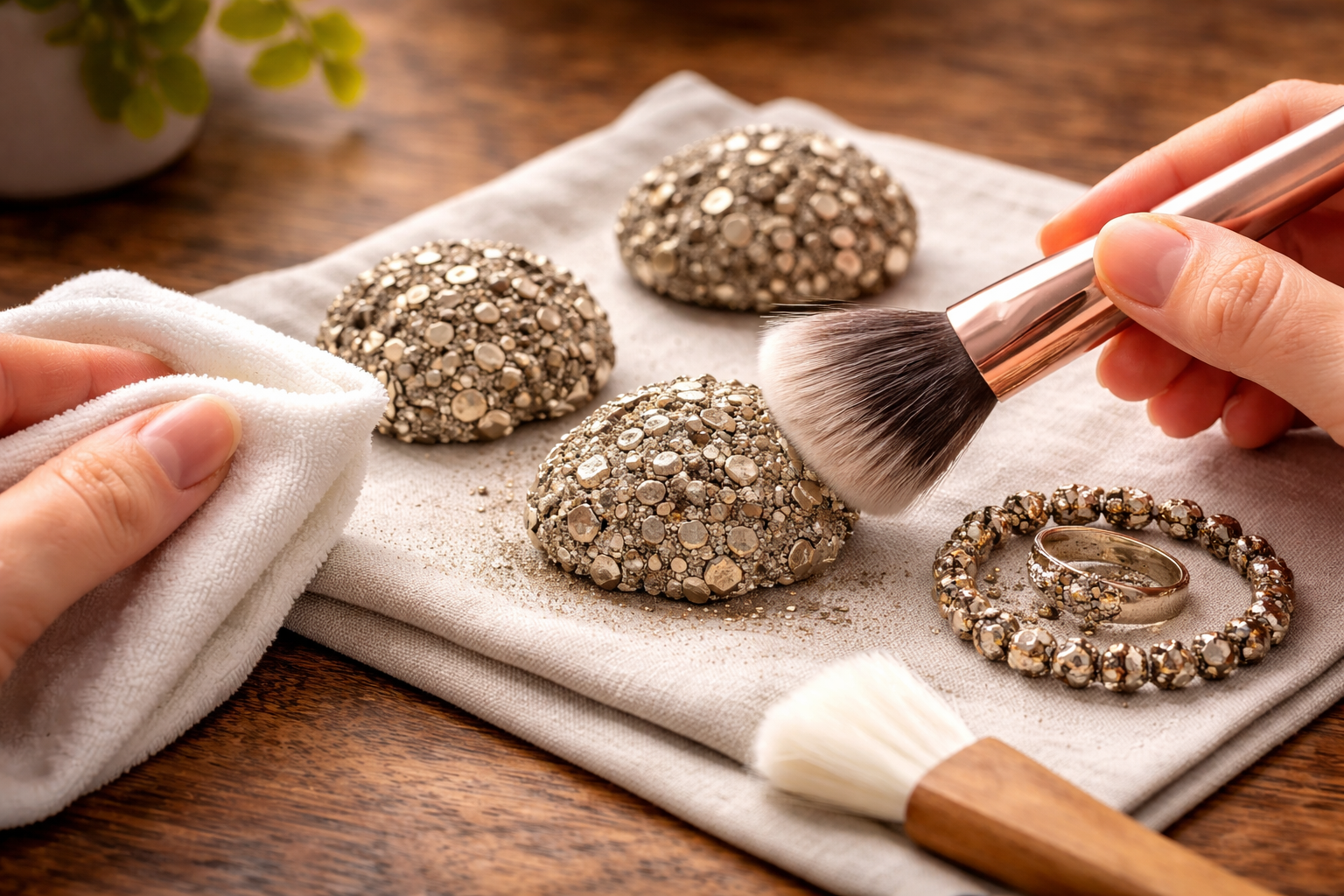 How to Cleanse Pyrite Crystals: 5 Safe Methods That Won’t Damage Them 3 Close-up of pyrite stones and a pyrite bracelet being cleaned with a soft dry cloth and soft brush