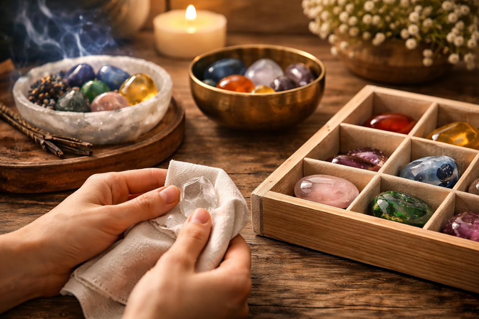 Chakra stones being gently cleansed and stored with soft cloth, moonlight tray, and separate compartments