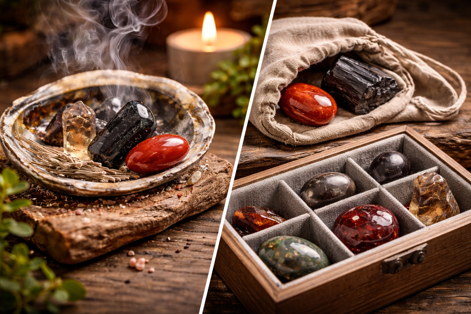 7 Crystals for the Root Chakra That Actually Match Your Need 4 Root chakra crystals being cleansed with smoke and stored in soft pouches and a divided box