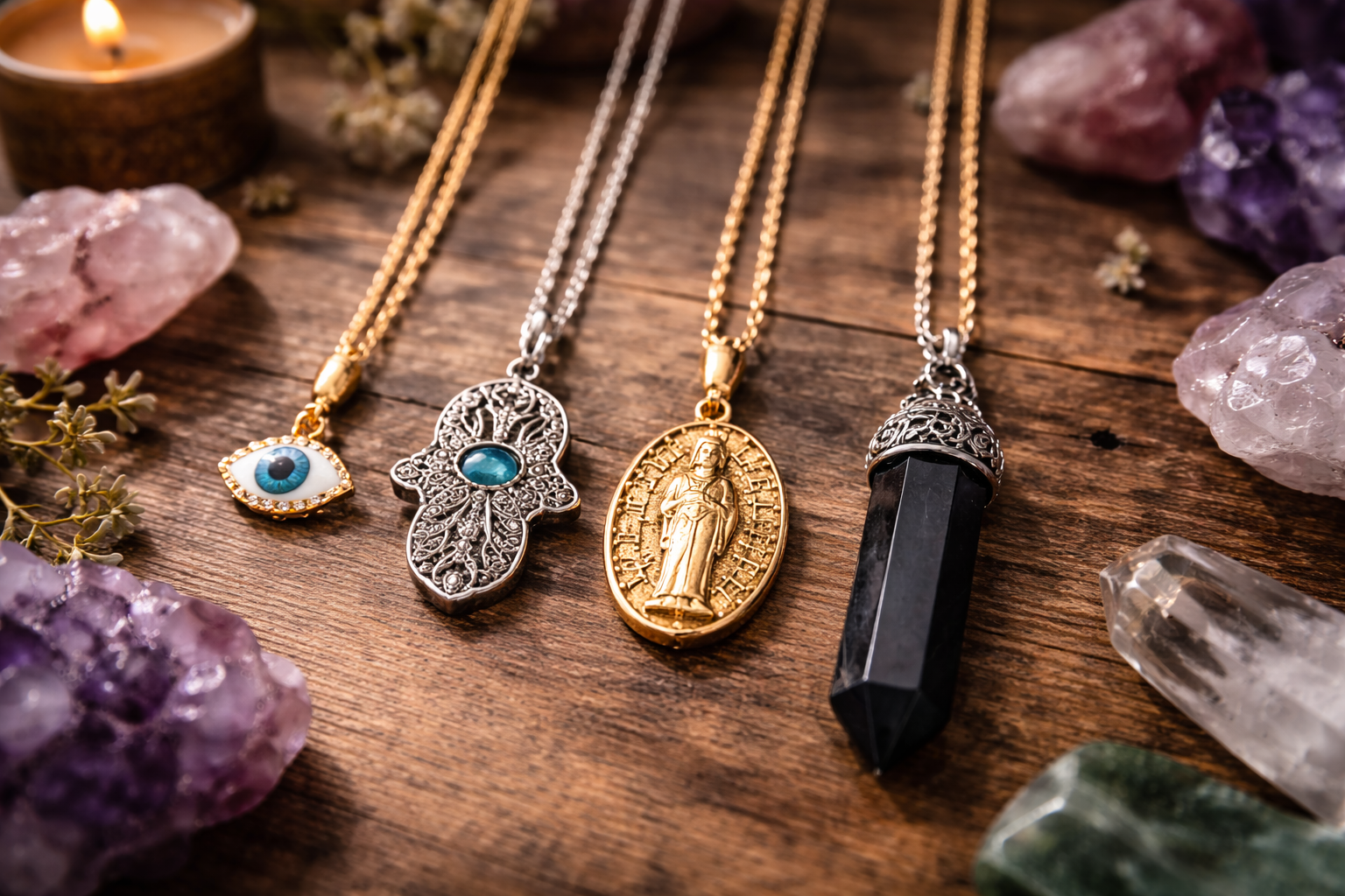Side-by-side comparison of evil eye, hamsa, faith medal, and black crystal protection necklaces