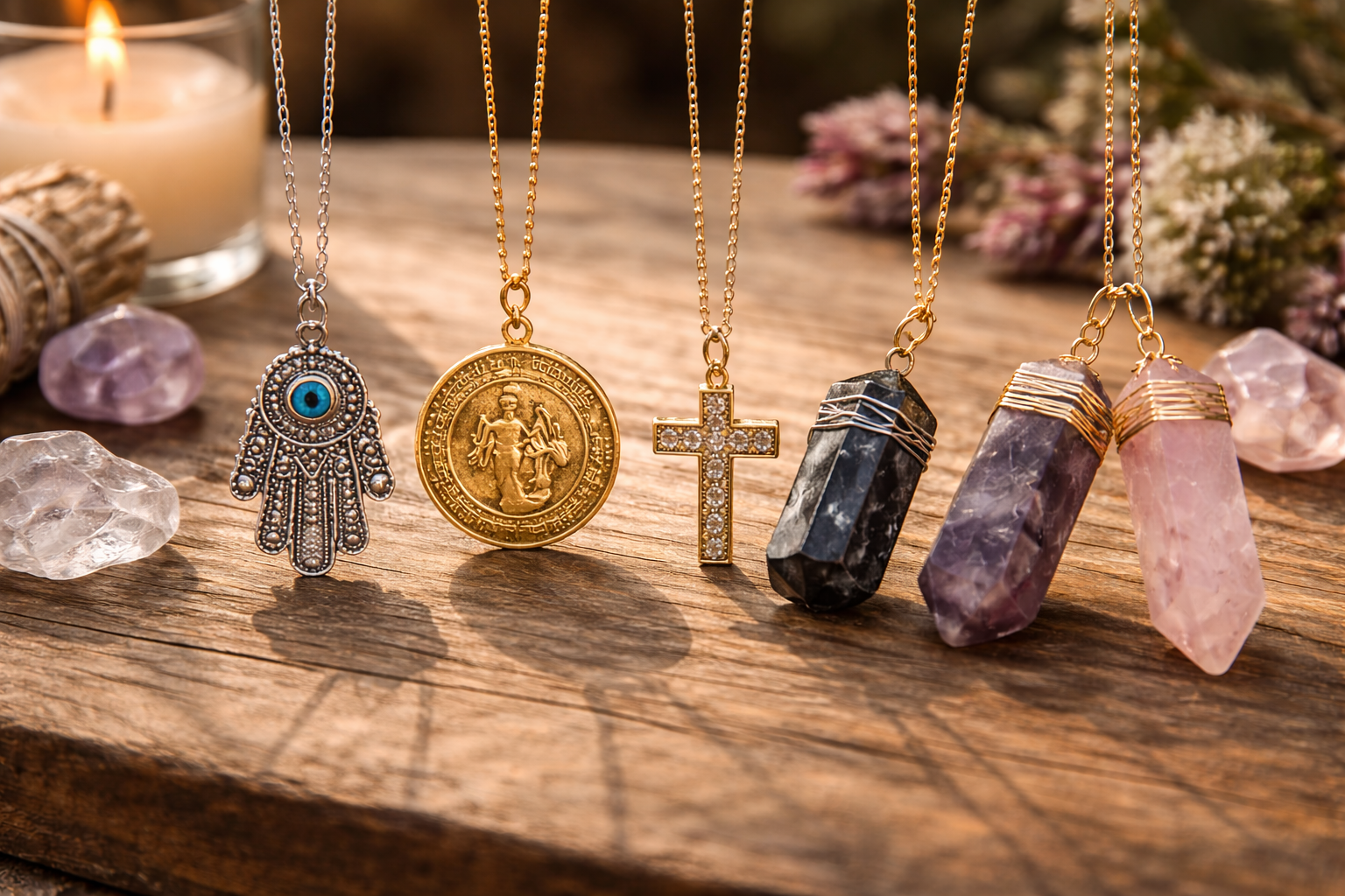 Side-by-side view of four different protection necklace styles for women