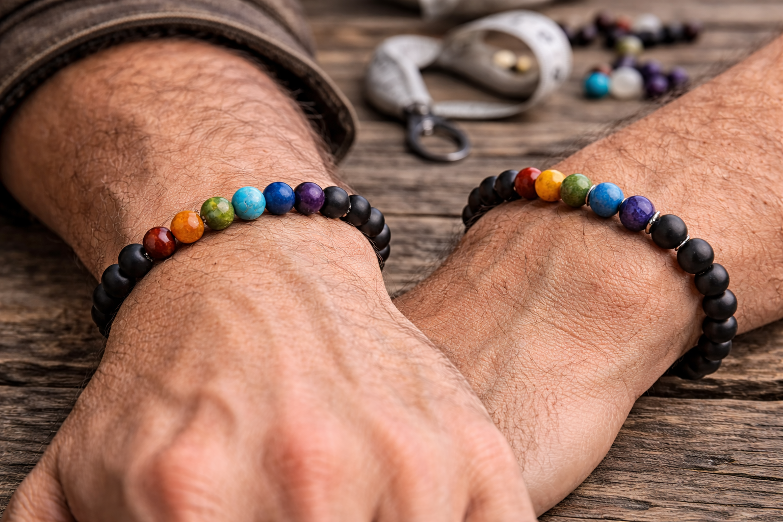 Men's chakra bracelets on a wrist showing 6mm and 8mm beads with snug versus relaxed fit