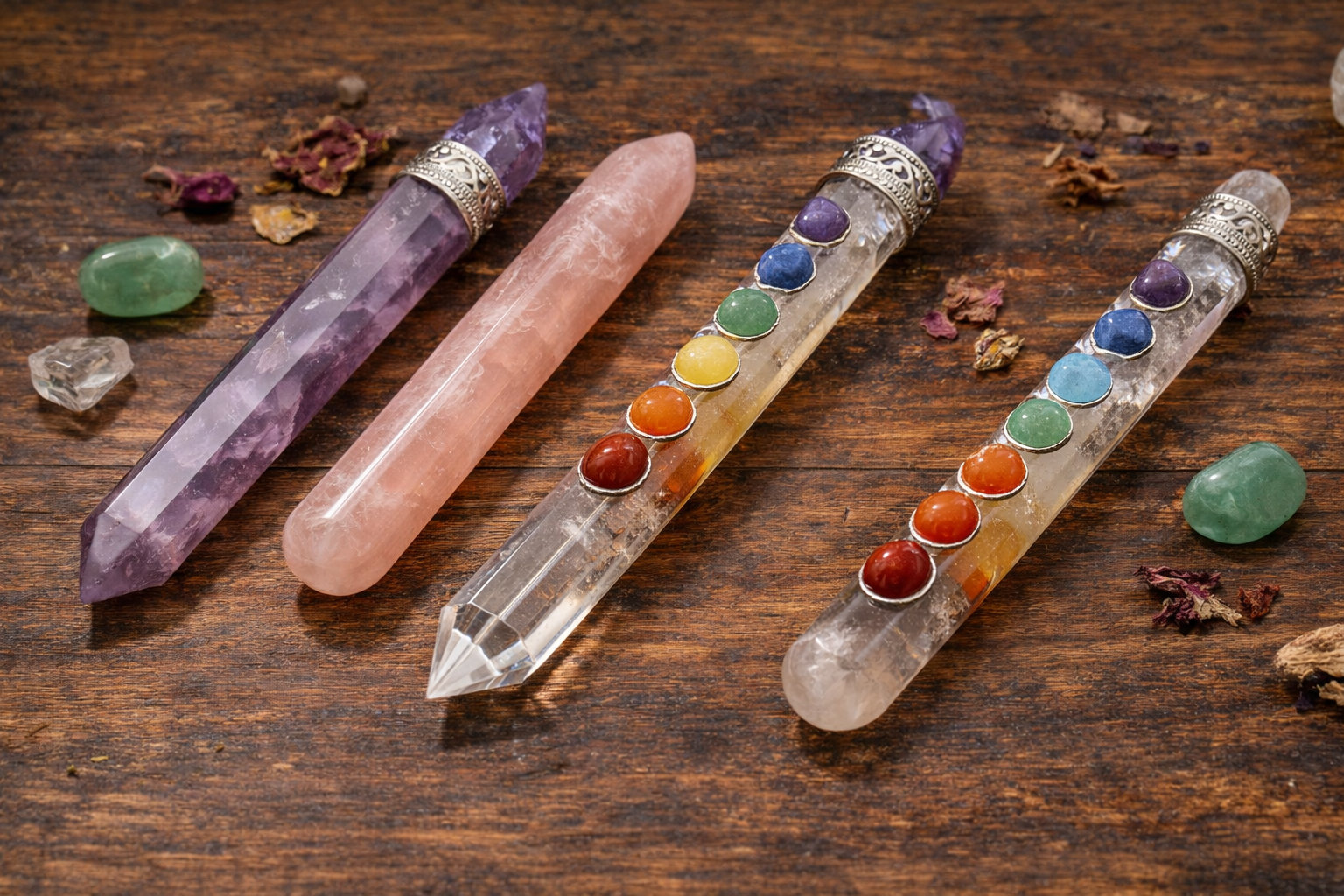 Single-crystal and seven-chakra wands with pointed and rounded ends shown side by side