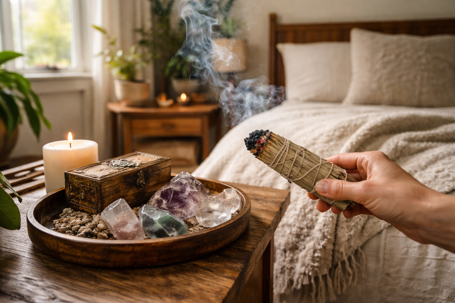 Smoke cleansing a small room with sage near crystals and a secondhand object