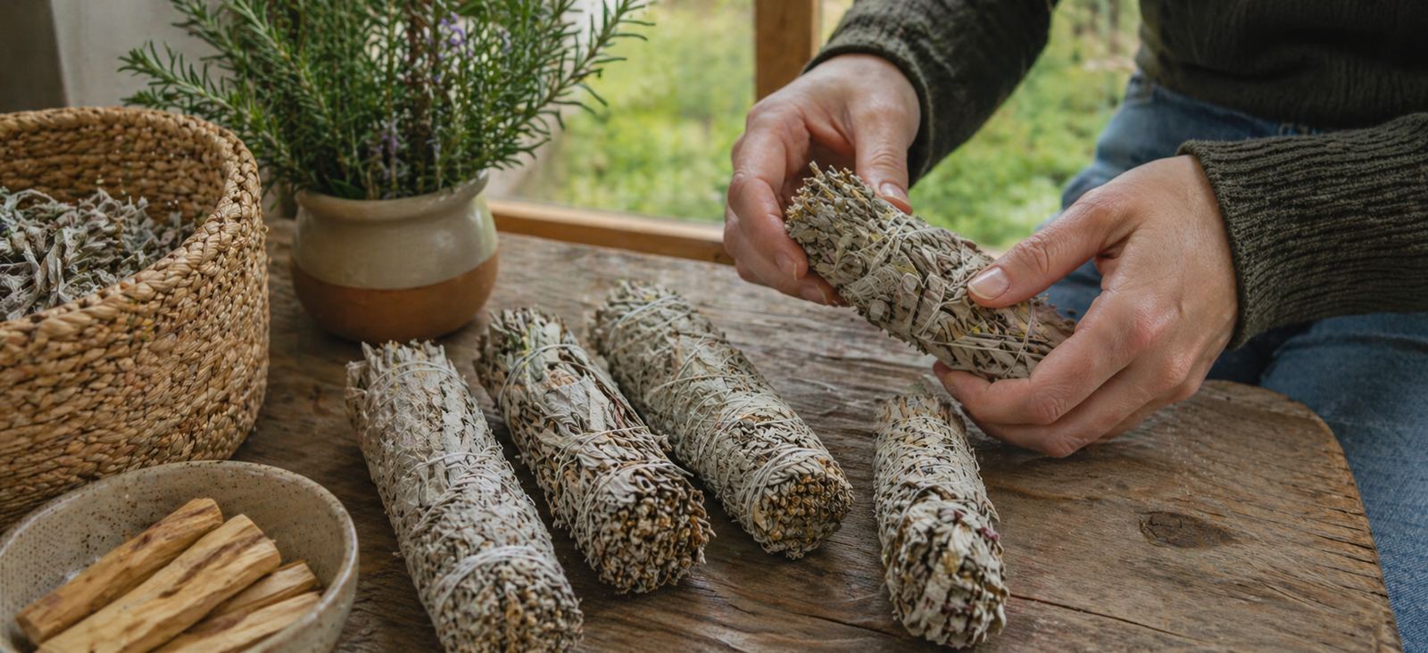 Close-up of white sage bundles with simple traceable sourcing labels