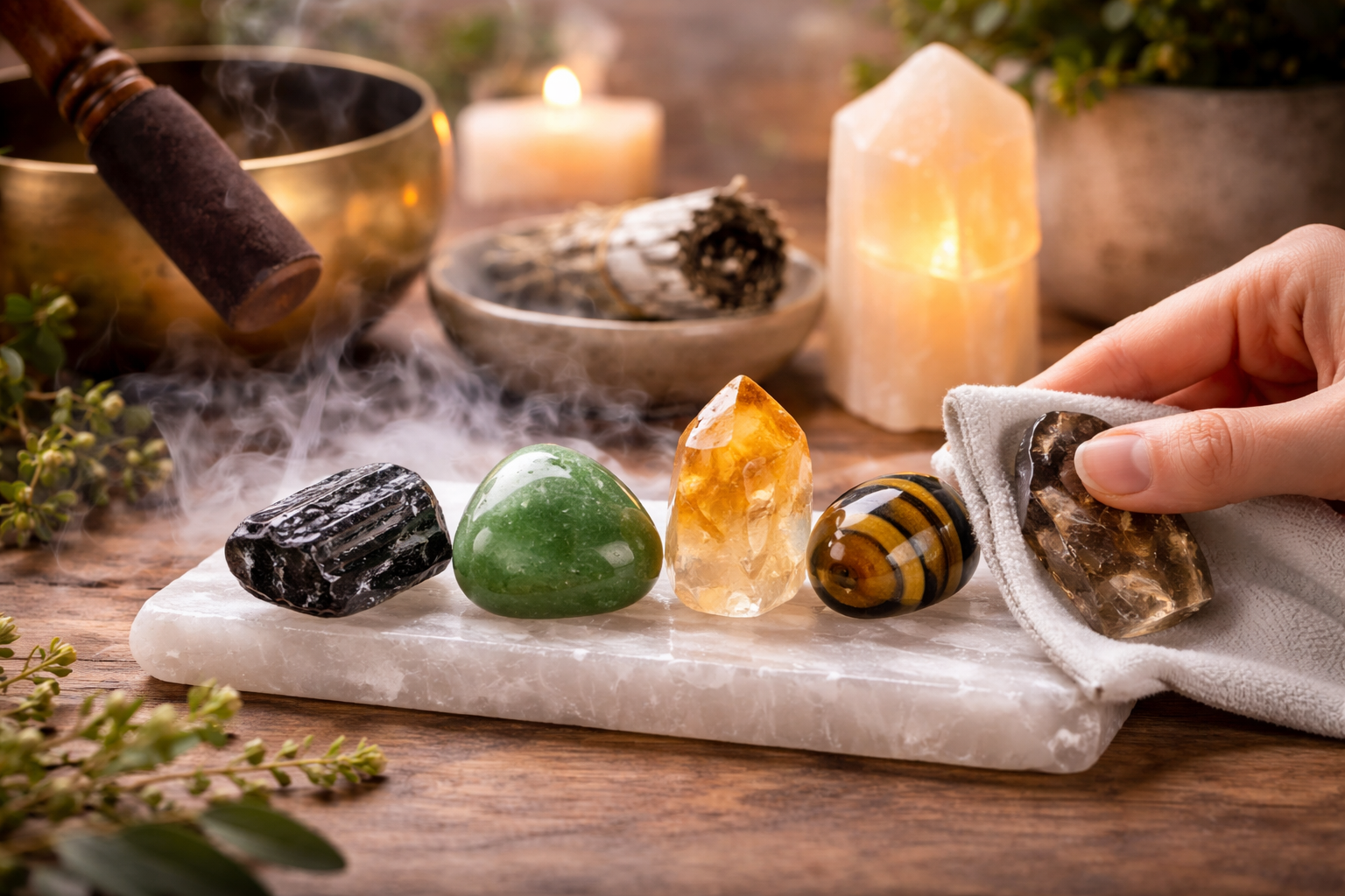 Crystals being gently cleansed with moonlight, smoke, sound tools, and a soft cloth