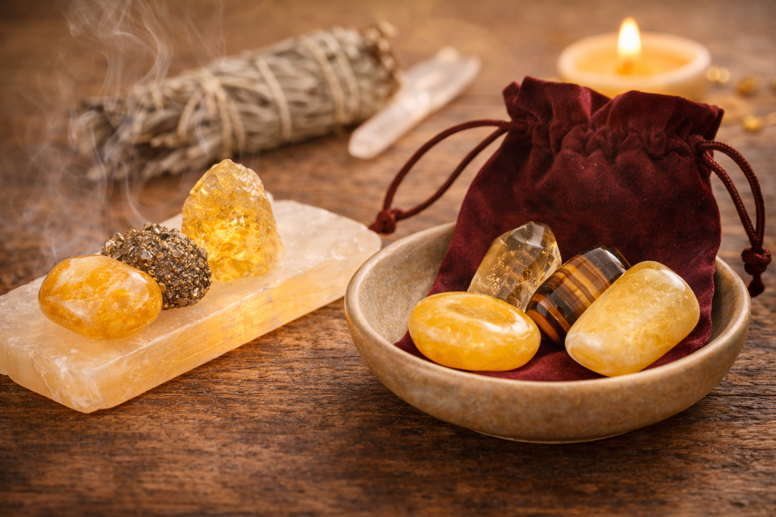 6 Solar Plexus Chakra Stones, Plus How to Choose the Right One 4 Solar plexus stones with gentle cleansing and storage setup including selenite, dish, and soft pouch