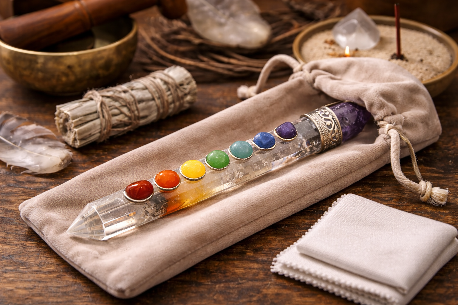 Crystal chakra wand stored in a soft pouch with a cloth and safe cleansing items nearby