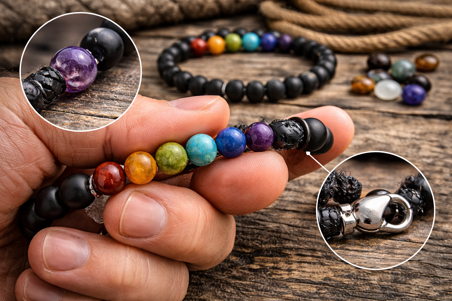 Close-up of a well-made chakra bracelet showing bead holes, cord quality, clasp detail, and natural stone variation