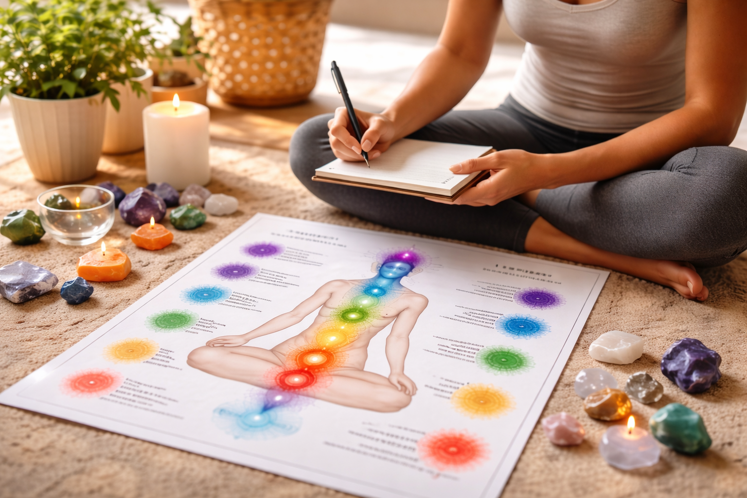 Illustrated seven-chakra chart showing body areas and common imbalance themes
