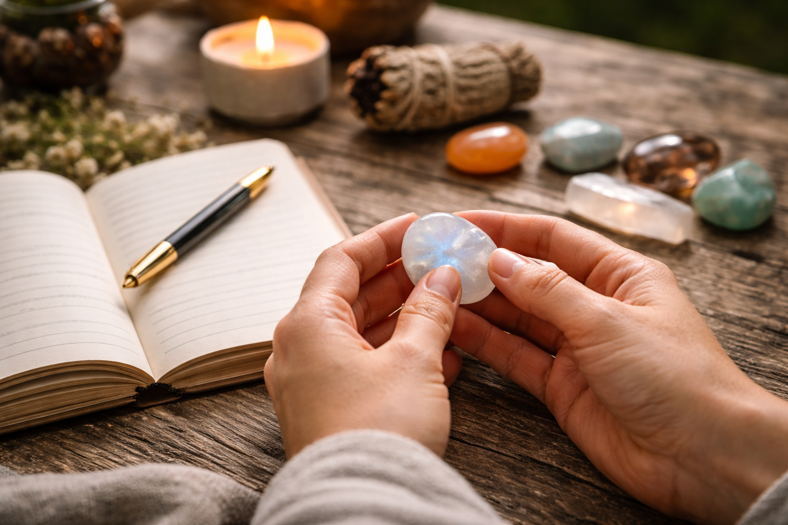 Simple new-beginnings crystal routine with a tumbled stone, journal, candle-free natural light setup, and hands holding the crystal