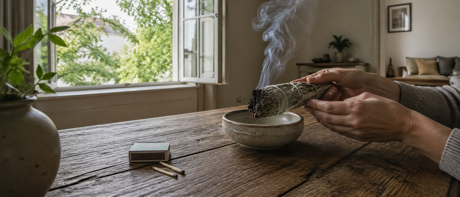 Smoldering sage bundle in a heatproof bowl near an open window