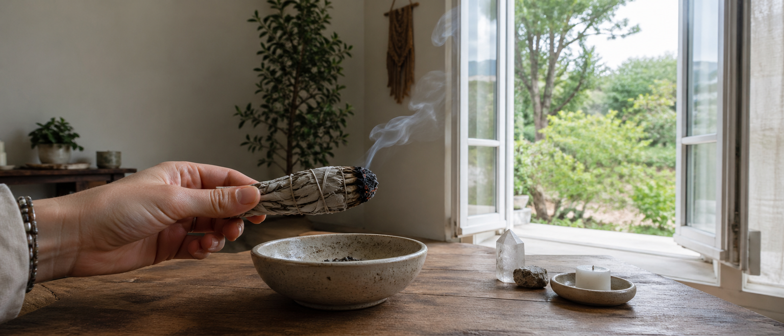 White sage smudge stick smoking lightly in a ceramic bowl near an open window