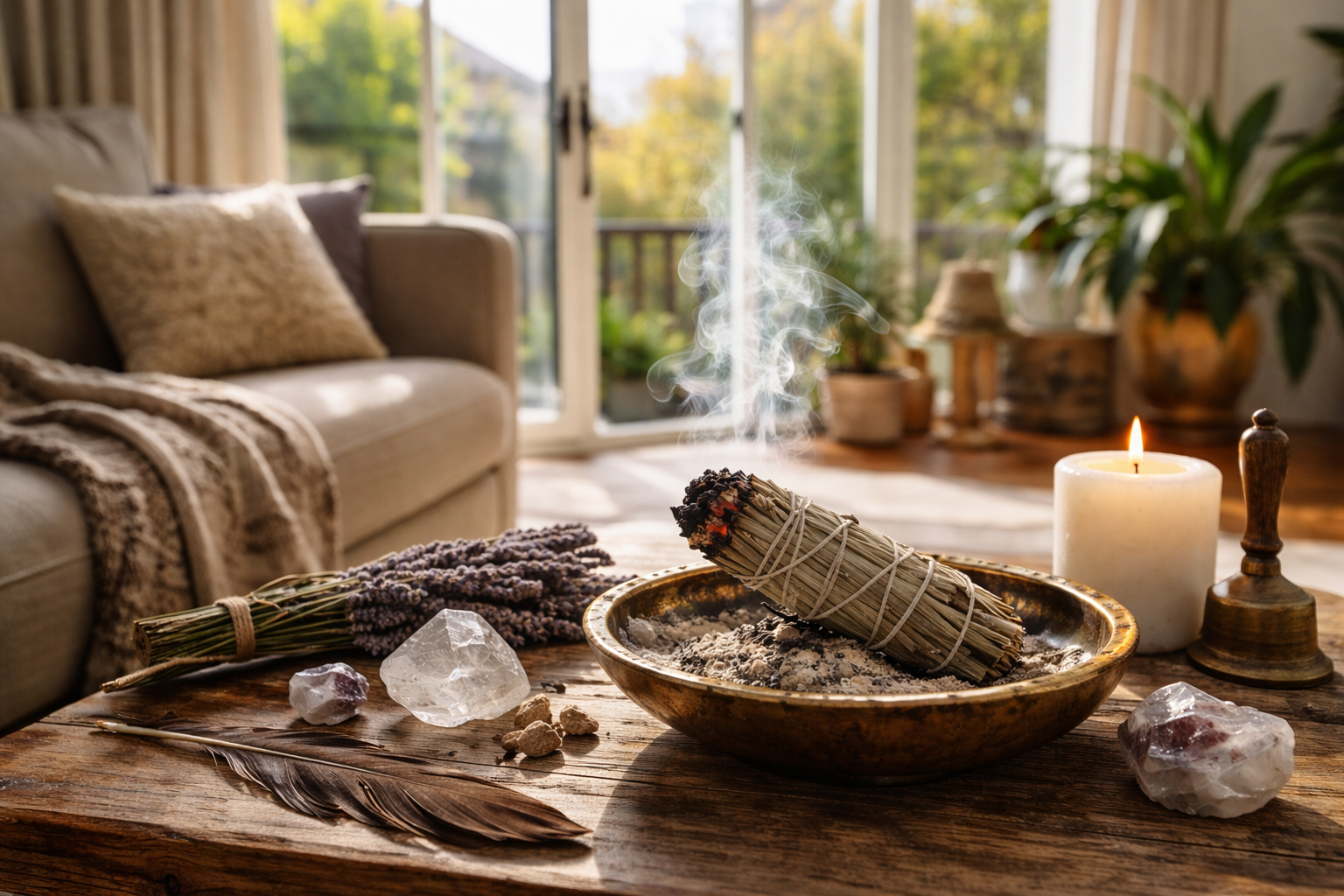Sage cleansing setup with smoldering sage bundle, open window, and fireproof bowl in a home