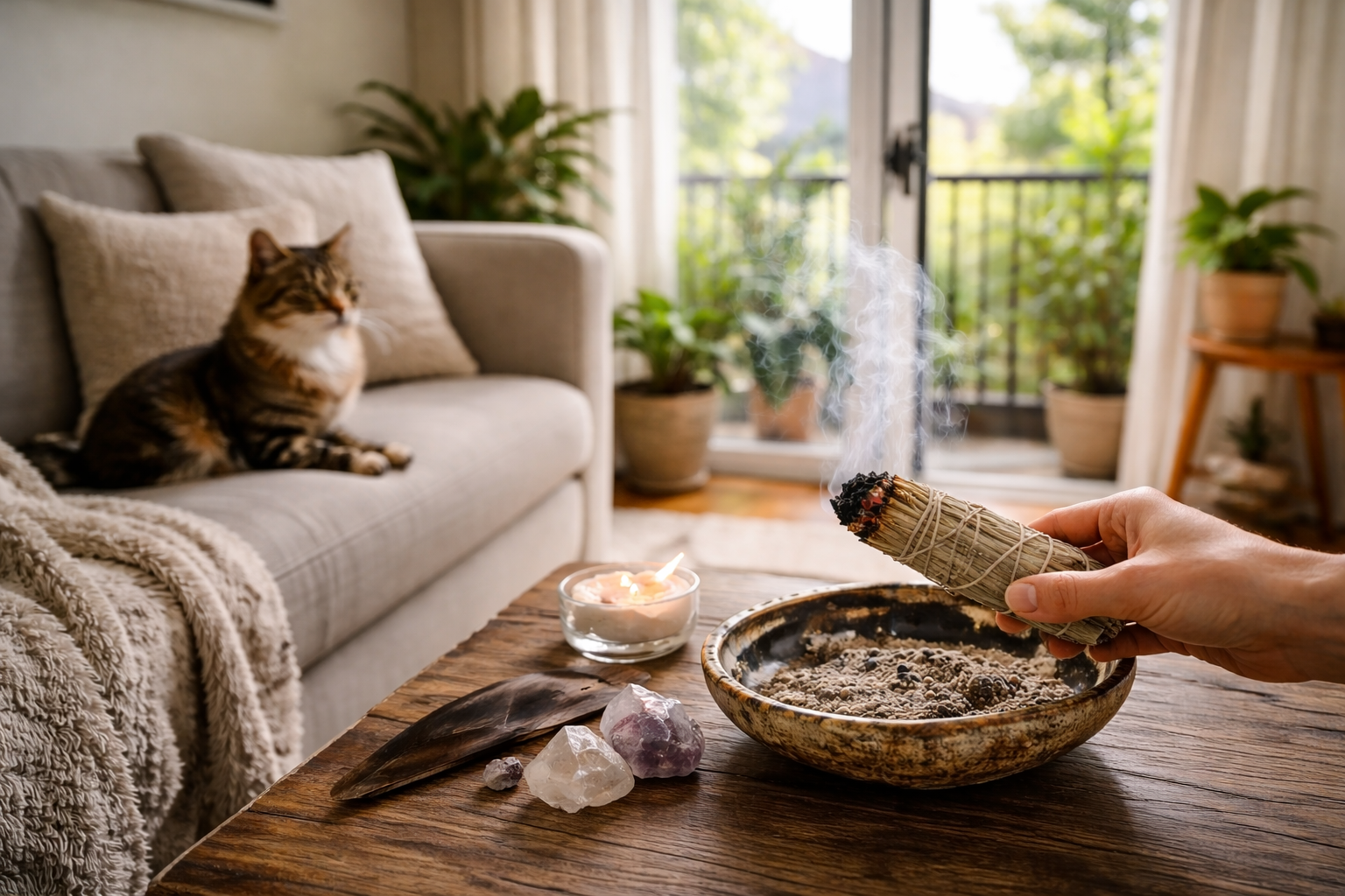 Safe sage cleansing in a small flat with an open window, light smoke, and a pet kept away