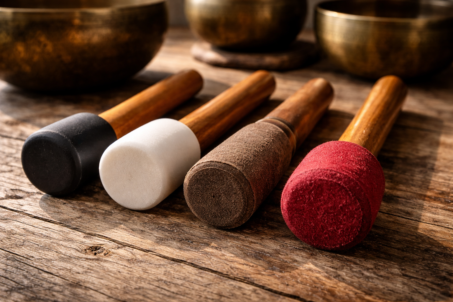 Rubber, silicone, suede, and felt singing bowl mallets arranged side by side