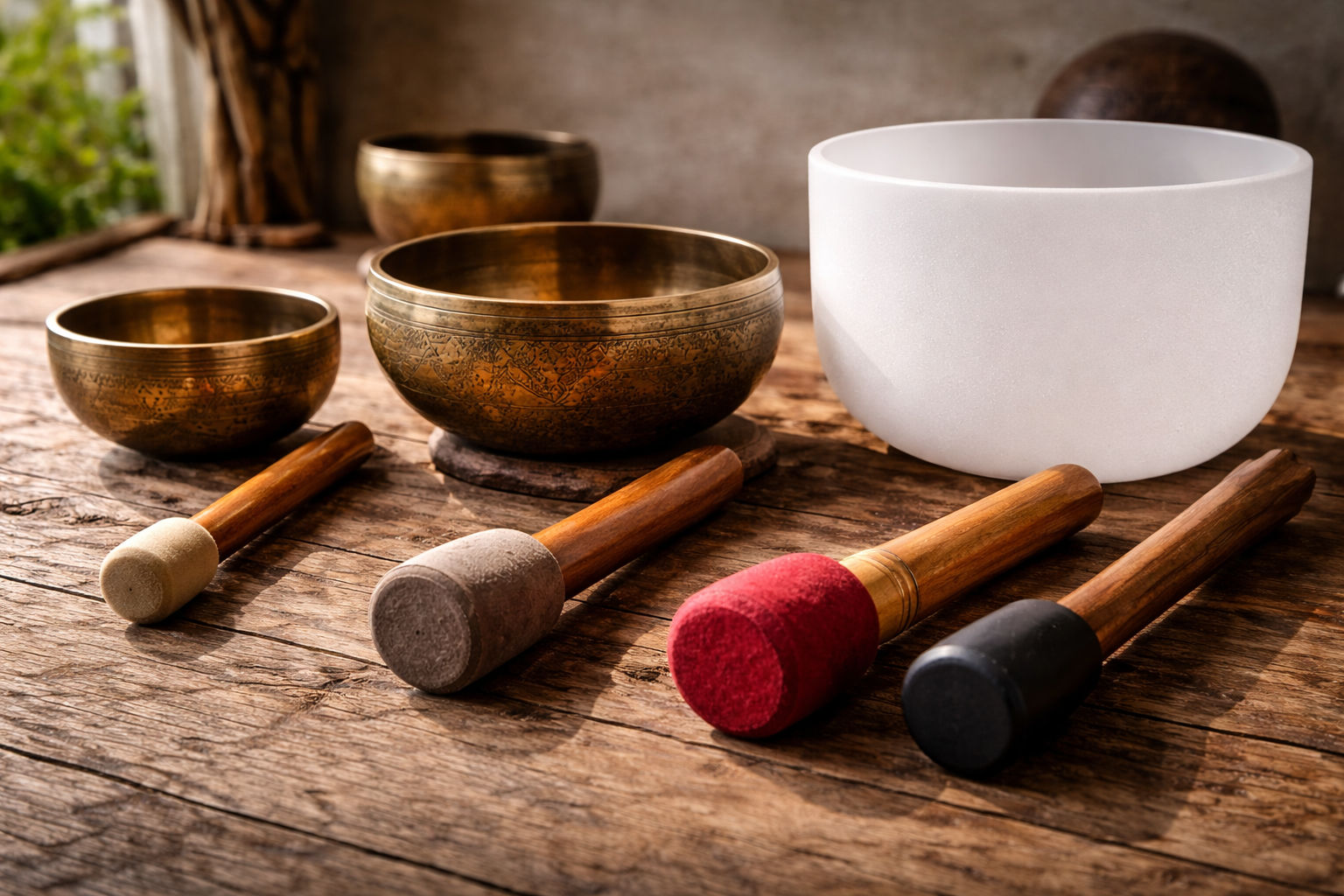 Different singing bowl mallet sizes shown next to small, medium, and large bowls