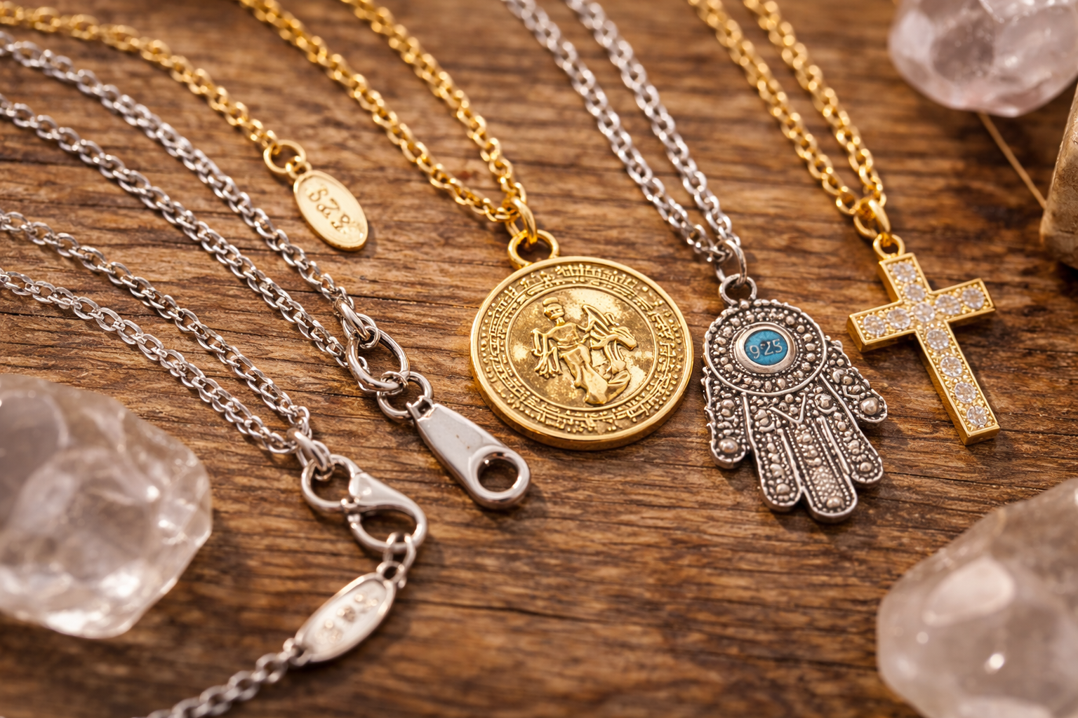 Close-up of protection necklace materials showing chain thickness, clasp, pendant finish, and metal markings