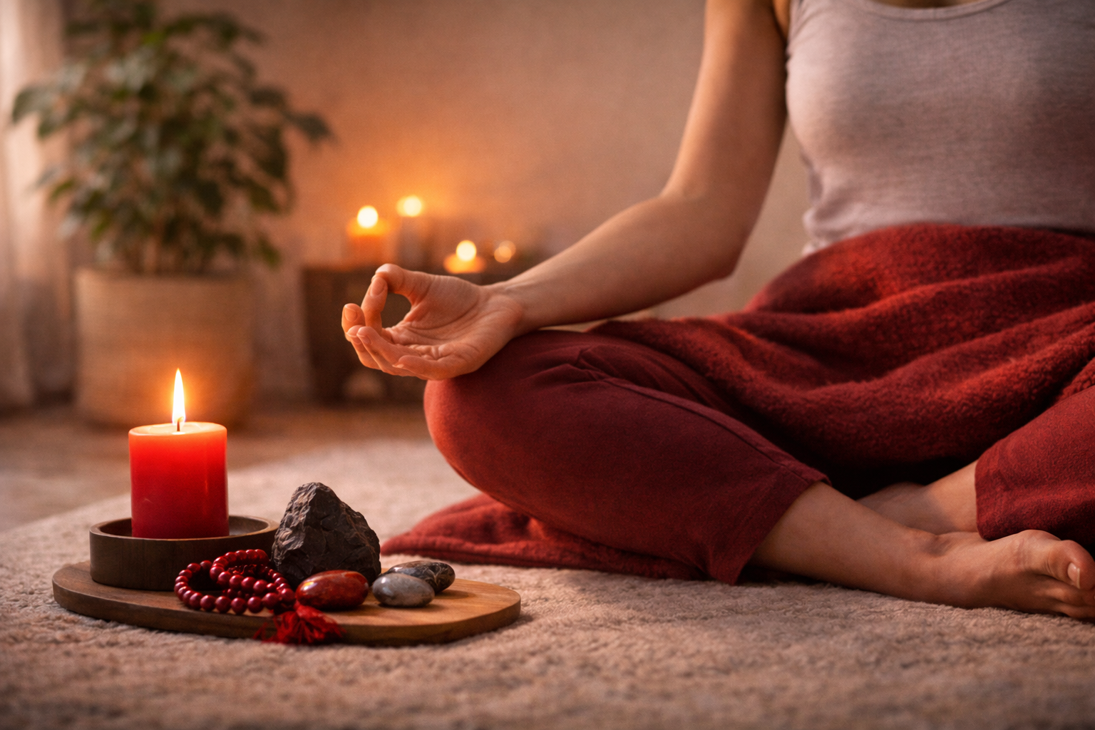 Root chakra support items such as red candle, crystals, and grounding meditation setup