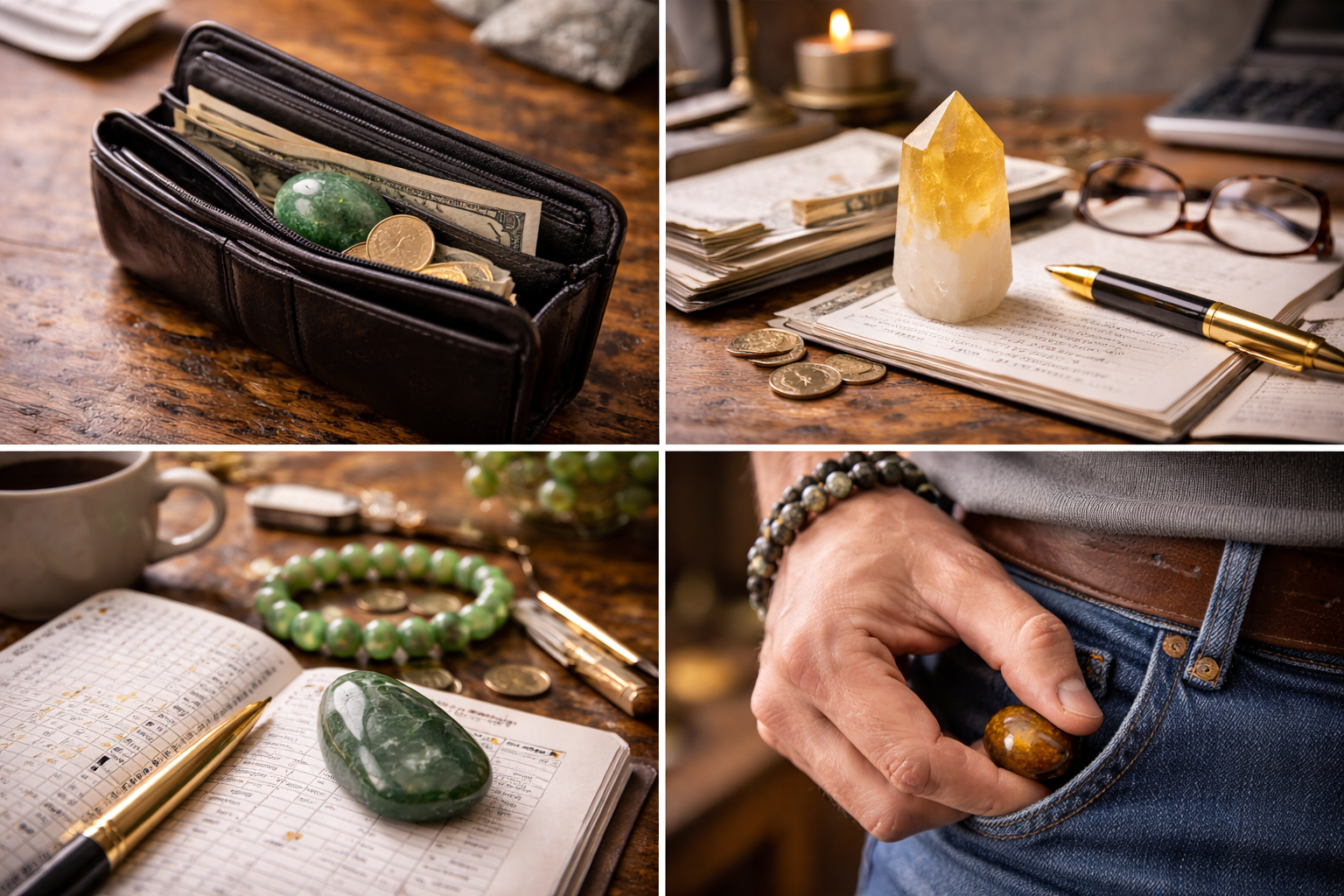 Money crystals placed in a wallet, on a work desk, beside a planner, and near jewelry for daily use