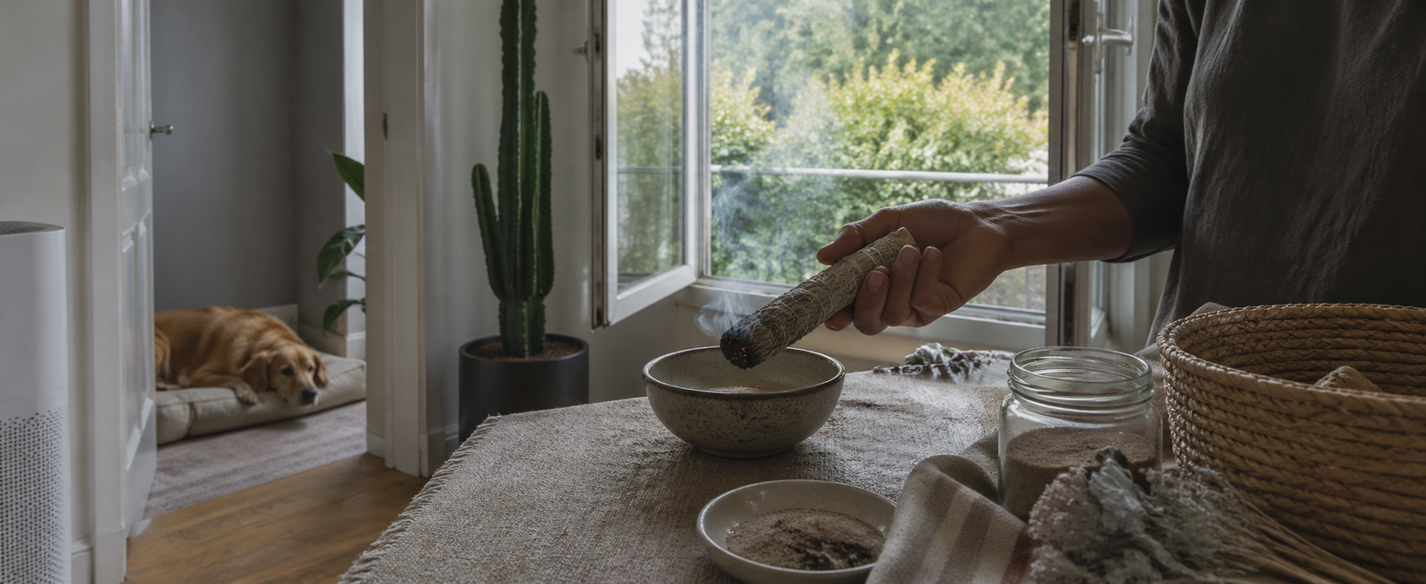 Safe white sage setup with open window, fireproof bowl, and clear space around the smudge stick