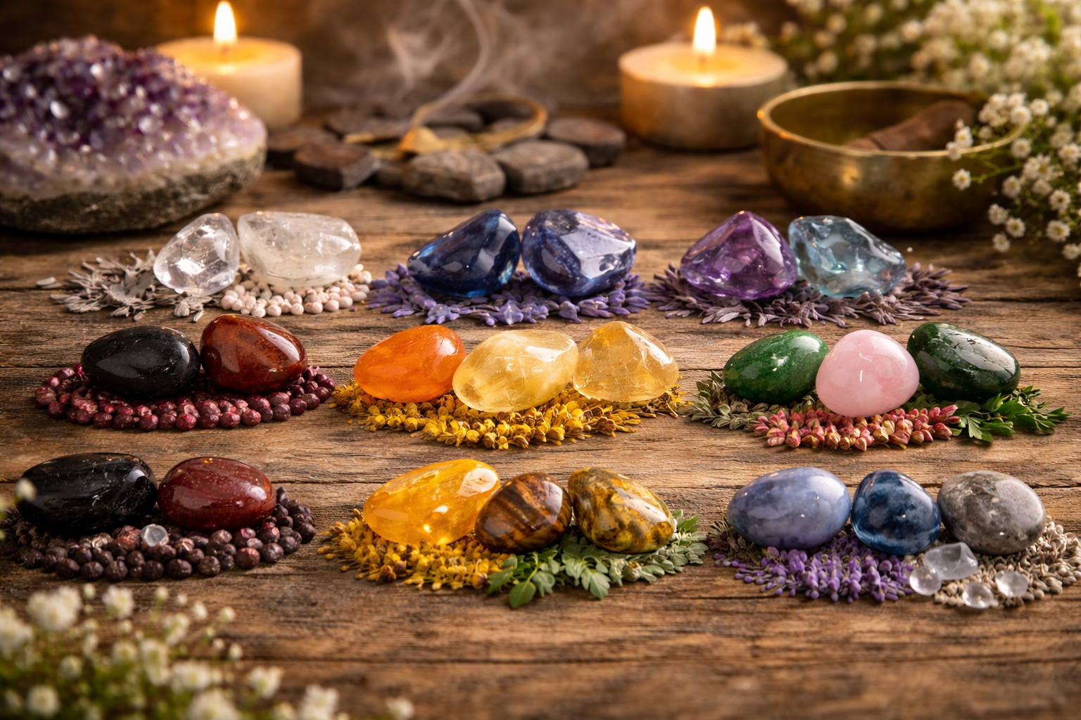 Common chakra stones grouped by root, sacral, solar plexus, heart, throat, third eye, and crown chakras
