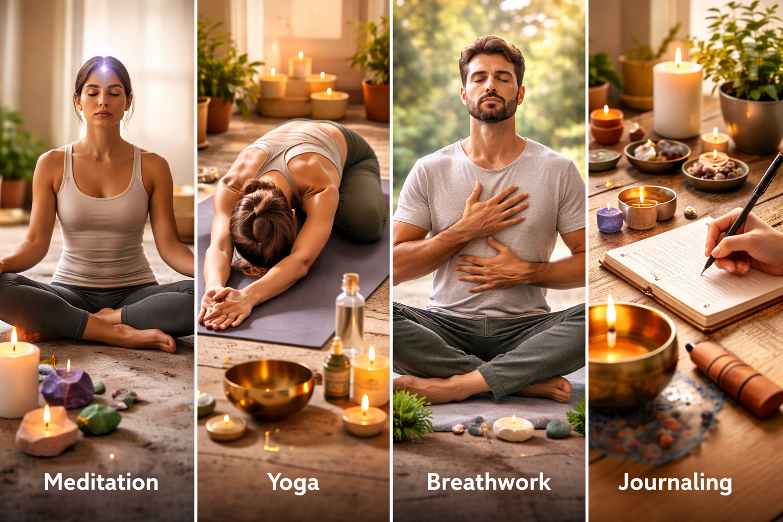 Comparison graphic of chakra healing methods such as meditation, breathwork, yoga, journaling, and sound