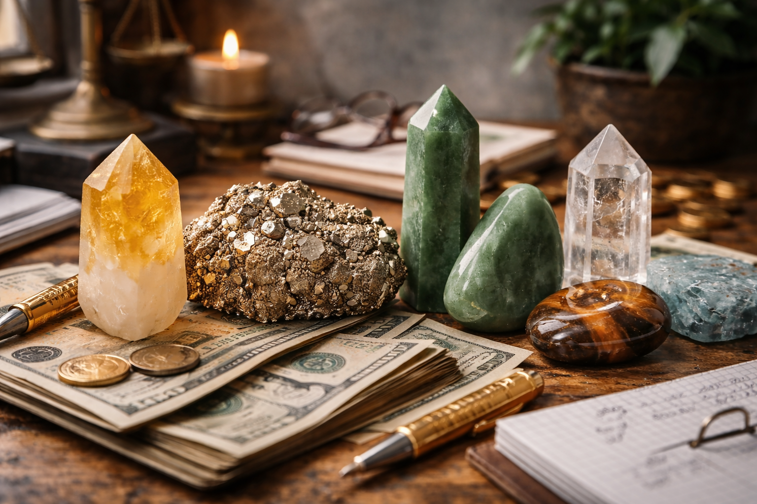 Citrine, pyrite, green aventurine, jade, tiger's eye, and clear quartz arranged side by side on a desk