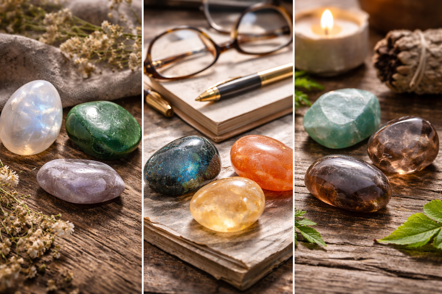 Close comparison of several new-beginnings crystals grouped by type with distinct colors, textures, and shapes