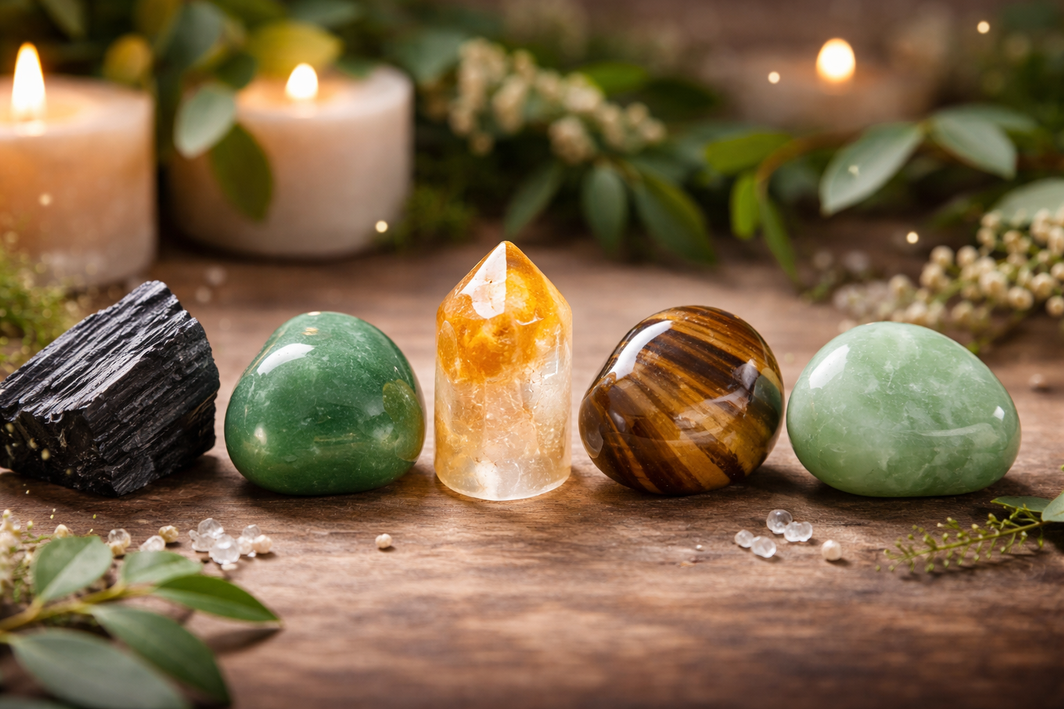 Black tourmaline, green aventurine, citrine, tiger's eye, and jade arranged side by side