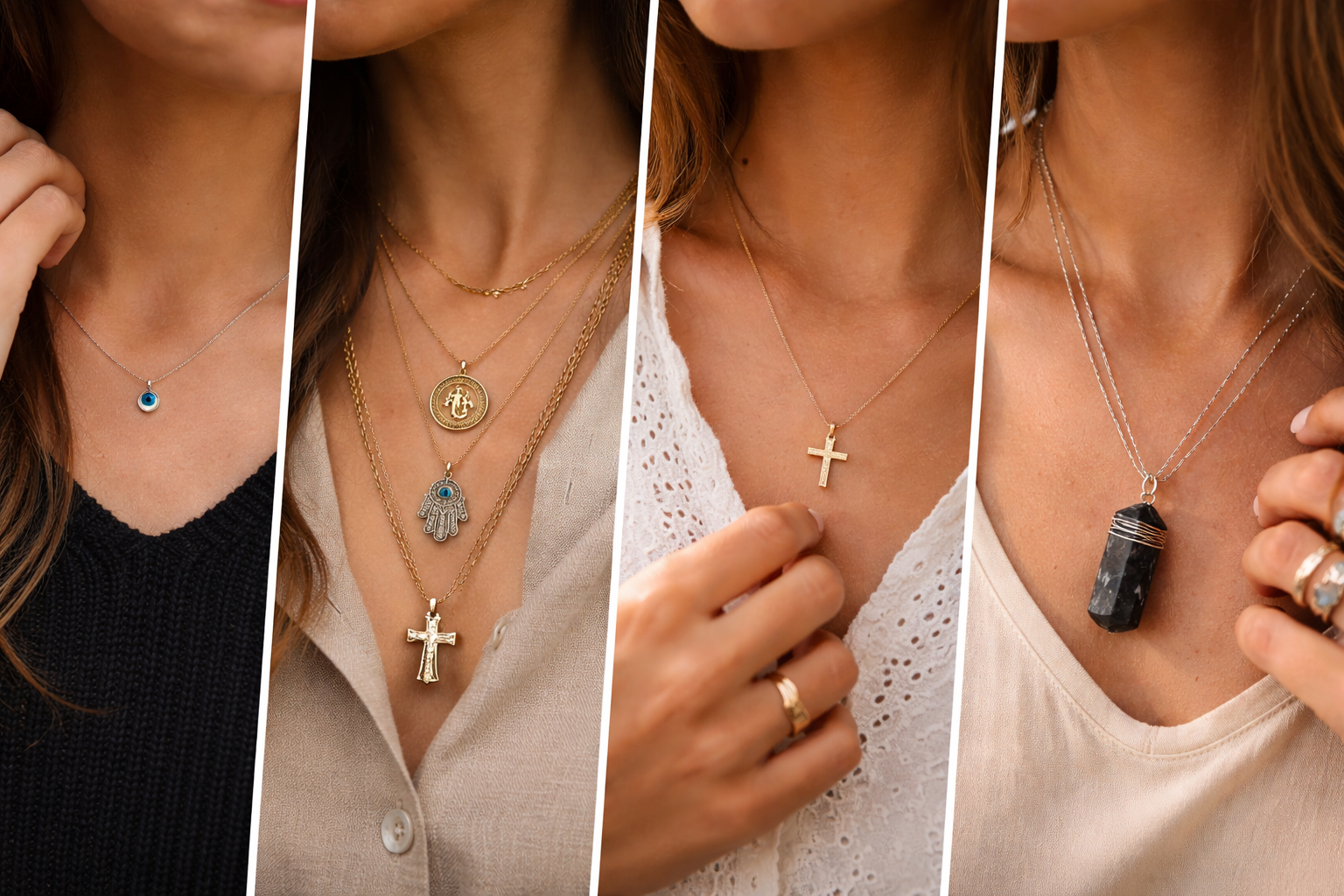 Different protection necklace styles shown for minimalist, layered, devotional, and crystal-based daily wear