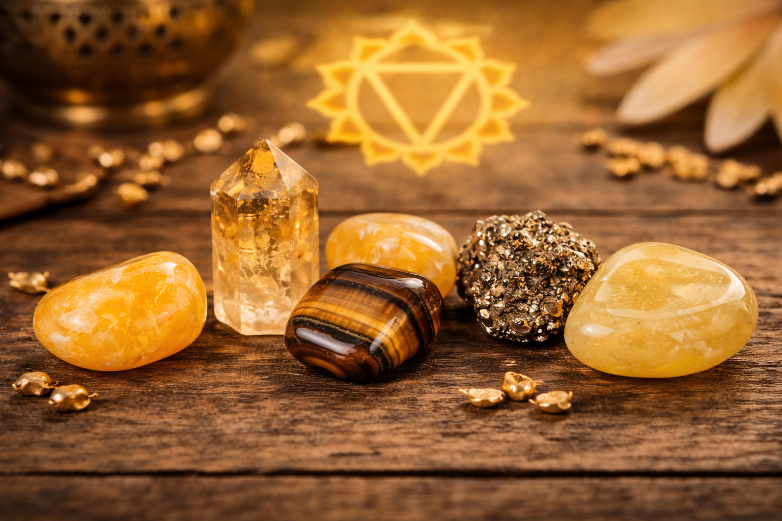 6 Solar Plexus Chakra Stones, Plus How to Choose the Right One 1 Citrine, tiger's eye, yellow jasper, pyrite, and yellow calcite arranged together for quick identification